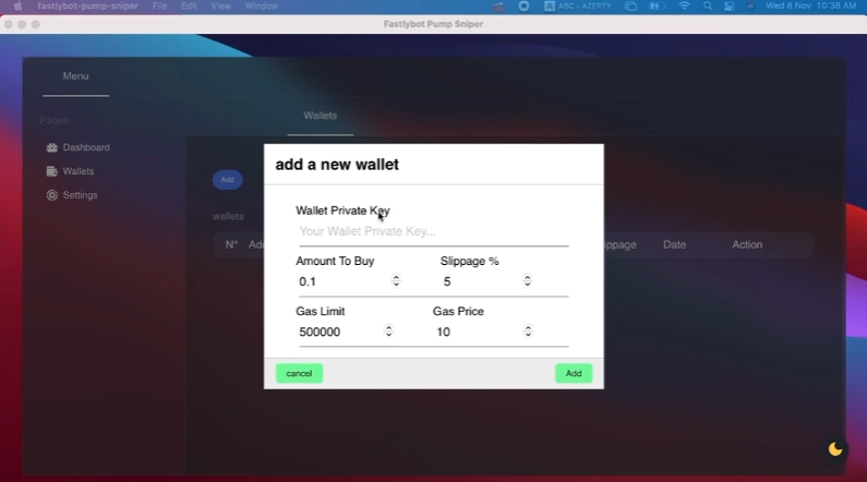 screenshot for adding wallet to the Telegram Pump Sniper bot