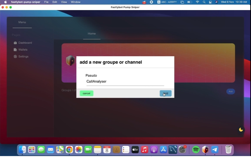 screenshot for adding groups or channel's to the Telegram Pump Sniper bot